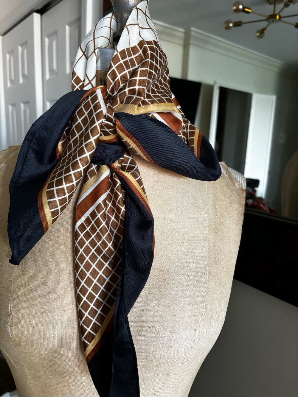 Silk-Feel Brown and Black Geometric Scarf - Picture 7 of 9